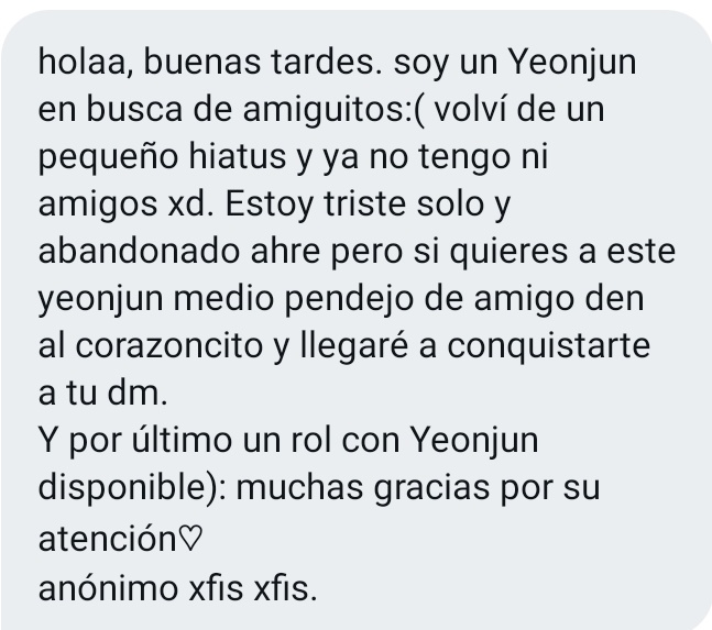 🔮; Regresa de un hiatus y quiere amigos y un rol con Yeonjun libre 👀