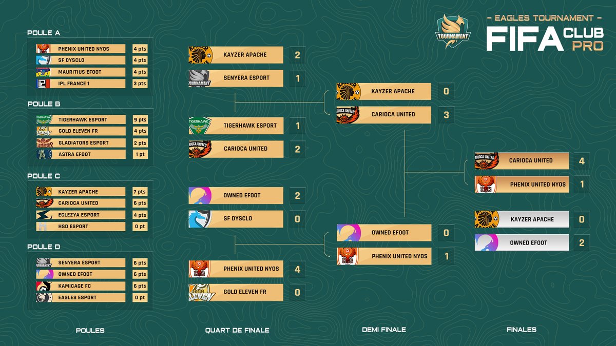 eagles_tournois's tweet photo. [#Résultats] 🦅

Ce fut une soirée haute en couleur ! 🌈

Voici donc les résultats ! 🏆

🥇 @Carioca_United 🐦
🥈 @phenix_united 🐦
🥉 @OwnedEsport 🐉

Bravo à tous les participants pour leur combativité sur le terrain 👏

On se dit à très vite pour un 3e tournoi ? 😉 https://t.co/8S8DQNTRwG