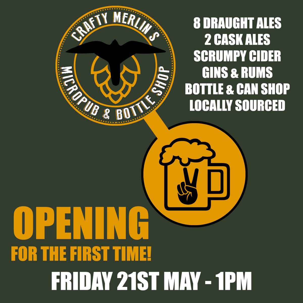 Crafty Merlins will open its doors to the lovely people of Darlington, County Durham on Friday 21st May at 1pm 🙌🏼🍺
Limited tables available so book through Twitter messages. Walk-ins available.
#micropub #bottleshop #supportsmallbusiness #supportlocal #craftbeer #craftales