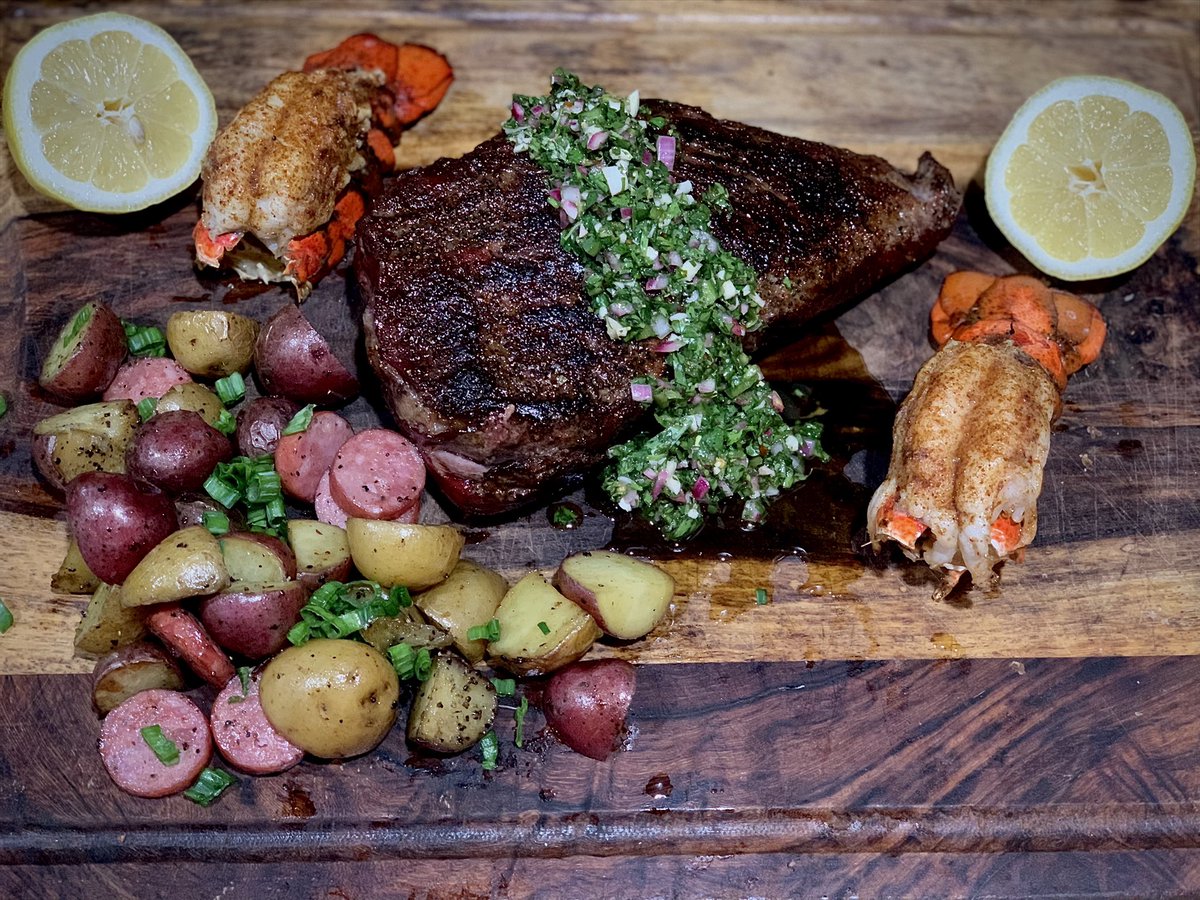 Mother’s Day Surf &amp; Turf Dinner instagram.com/p/COp6RnNBYc6/… #mothersday #mothersday2021 #surfandturf #tritip #tritipsteak #reversesear #chimichurri #lobstertails #potatoesandsausage #sausageandpotatoes #smoked #grilled #traegernation <a href="/TraegerGrills/">Traeger Grills</a> <a href="/MeatChurch/">Meat Church ™</a> <a href="/44Farms/">44 Farms</a>