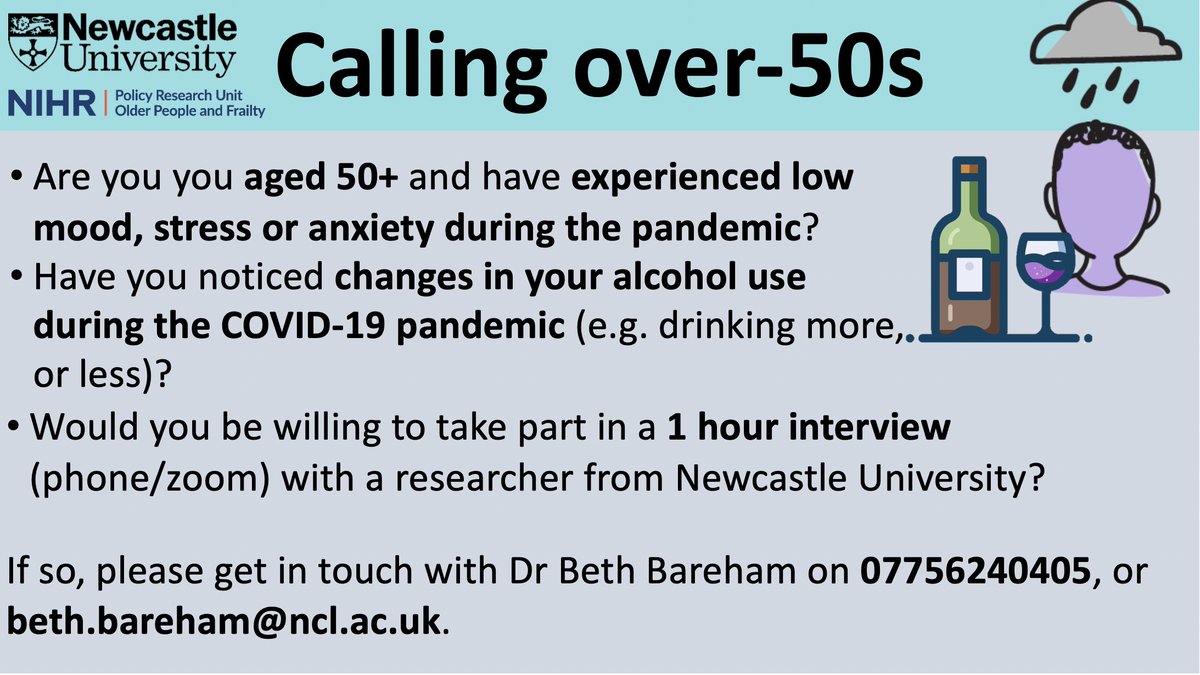 RECRUITMENT: We want to speak to people aged 50+ who experienced low mood, stress or anxiety during the pandemic, and noticed a change in their drinking Are you interested in taking part in a 1h interview, and helping us shape services? Contact beth.bareham@ncl.ac.uk 07756240405