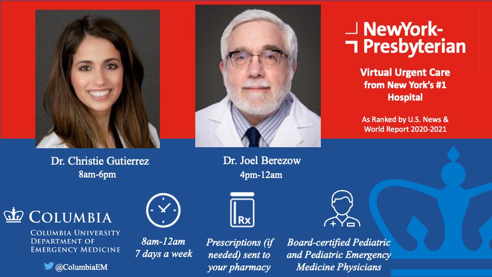 Your #child deserves the best #urgent care! Connect with <a href="/CHONY_ED/">MSCH ED</a> Emergency Physicians via nyp.org/UrgentCare. Let us help with your non emergency illness or injury virtually. On today: Dr. Gutierrez &amp; Dr. Berezow <a href="/nyphospital/">NewYork-Presbyterian</a> #Telemedicine #telehealth #digitalhealth