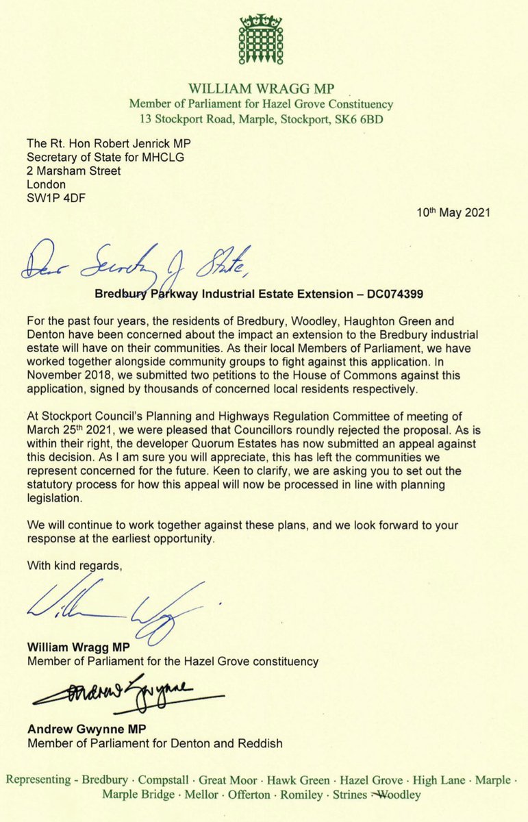 ⚠️ UPDATE - Bredbury Parkway ‼️

The developer has appealed against <a href="/StockportMBC/">Stockport Council</a>’s refusal for the Bredbury industrial estate extension into Green Belt, @WilliamWraggMP and I have joined forces again to write to the Secretary of State to ask how the appeal will be handled.🌳