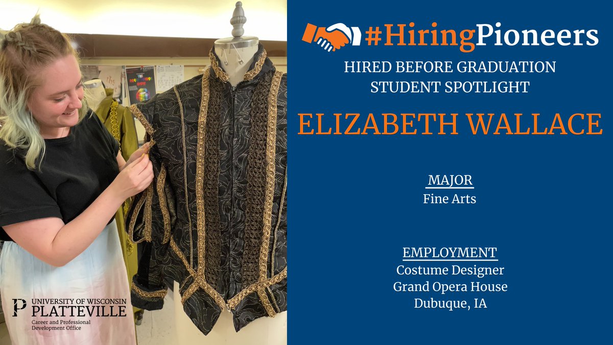 UWPCPDO's tweet photo. #HiringPioneers Hired Before Graduation Student Spotlight
Elizabeth Wallace
Hometown: Elkhorn, WI
Major: Fine Arts
Employment: Costume Designer โ Grand Opera House
#HiredBeforeGraduation https://t.co/tptpq176e7