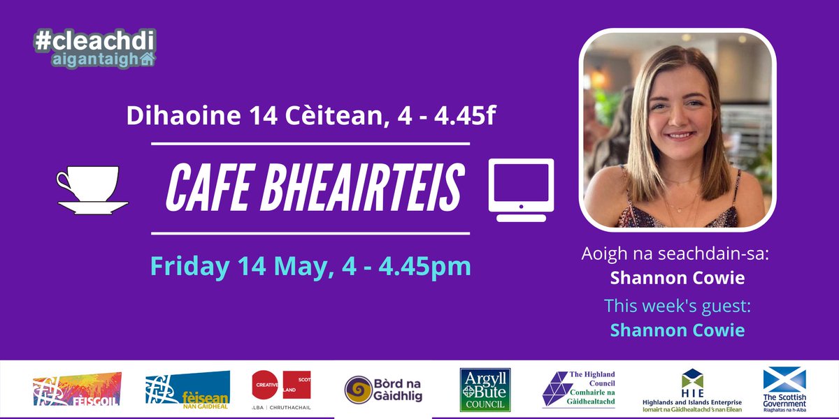 ’S i Shannon Cowie, a tha ag ionnsachadh a bhith na dotair, a bhios air aoigheachd ar cafe òigridh Dihaoine seo! 🩺😃

tinyurl.com/CafeB21   

#cleachdiaigantaigh #gàidhlig #gaelic #òigridh #youth