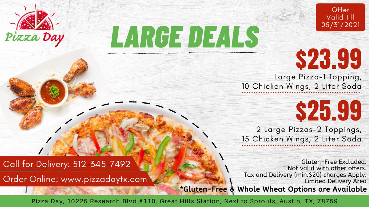 PizzaDayTx's tweet photo. Large Pizza Deals!
Call to Order: 512-345-7492
Order Online: https://t.co/Co9ptNzzO8
#Pizzadaytx #pizzalover #austinfoodie #yelpaustin #austinlovespizza #eateraustin #austineats #austinspizza #austintx #foodstagram #atxfoodie #chickenwings #PizzainAustin #AlfredoPizza https://t.co/btTN8yB3sF