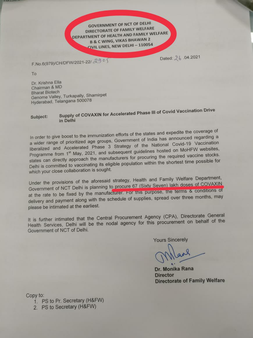 msisodia's tweet image. कभी चुनाव, कभी कुम्भ और कभी विदेशों में वैक्सीन बेचने के चक्कर में देश का बेड़ा गरक करने वाली भाजपा के झूठे प्रोपगंडा का जवाब-
⁃दिल्ली सरकार ने अप्रैल में ही कंपनियों को 1.34 करोड़ वैक्सीन का आर्डर दिया था।
⁃जवाब में केंद्र सरकार ने कहा कि दिल्ली को मई में केवल 3.5 लाख वैक्सीन