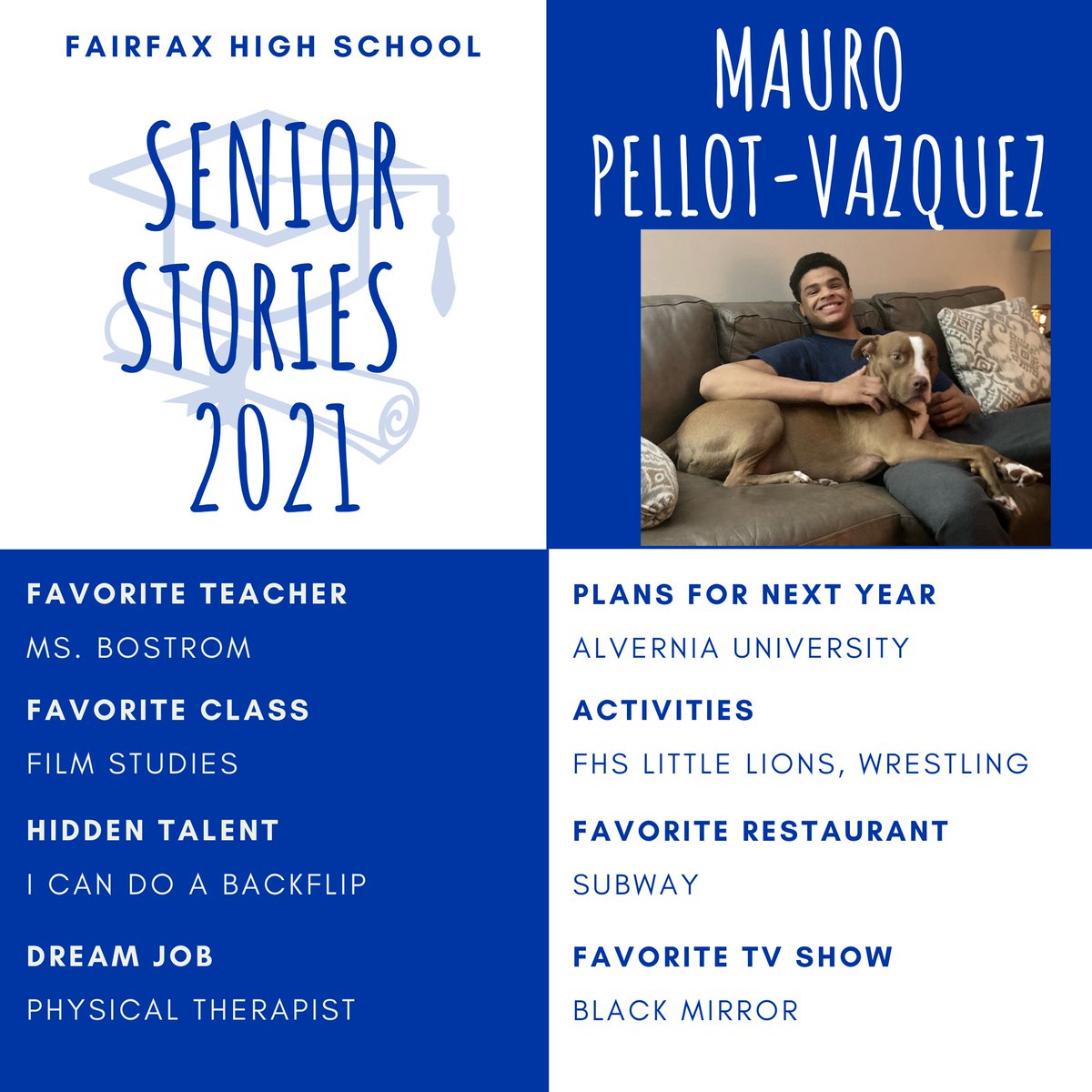 Today's senior is Mauro Pellot-Vazquez! Mauro is a Providence ES and Lanier MS alum and will attend Alvernia University in Pennsylvania next year. Congratulations Mauro!

To see our Class of 2021 ambassadors, please go to our website cityoffairfaxschools.org/apps/pages/sen…