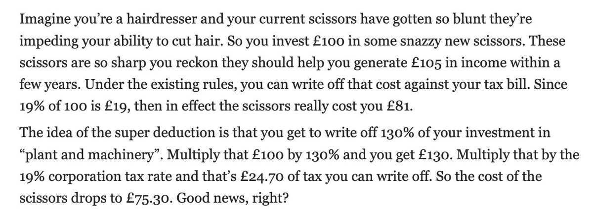 Here’s how the policy works (bear with me - bit complicated but as you’ll see a bit further down, the details matter). Most companies investing in machinery can currently deduct up to 100% of the value against tax. This policy means they can deduct 130% of the value. An example: