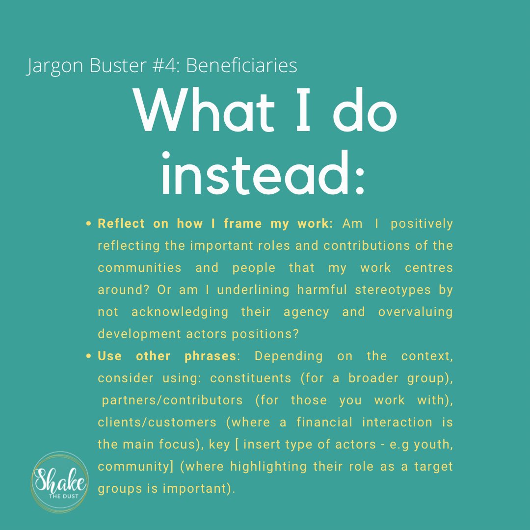 letshakethedust's tweet photo. Many working in #globaldev and #globalhealth have mentioned they can’t stand this #devspeak but are also struggling to find alternatives. Time to spark the discussion! ✨#jargonbusting #beneficiaries #internationalcollaboration https://t.co/CwPxWob1xU