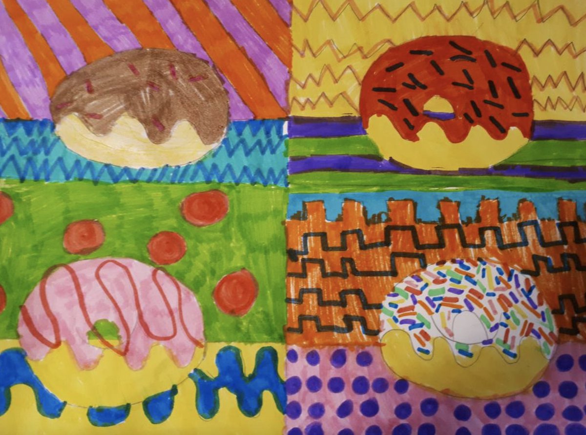 Ms__M__Woodruff's tweet photo. On Friday we learned about "Pop Art" and the amazing artist Andy Warhol. We created our own Doughnut Pop Art. I don't know about you, but these make me hungry! @GEVSchool https://t.co/rVLKvYXNPY
