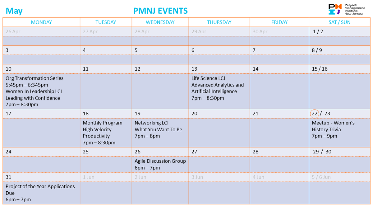 IgorZdorovyak's tweet photo. Be In the Know!

Here’s what PMINJ has in store for you this month.

#PMINJ
#PMI

https://t.co/9ne6sGUeYG

Come and Join Us for the upcoming PMINJ events! https://t.co/IkLJidUHGg