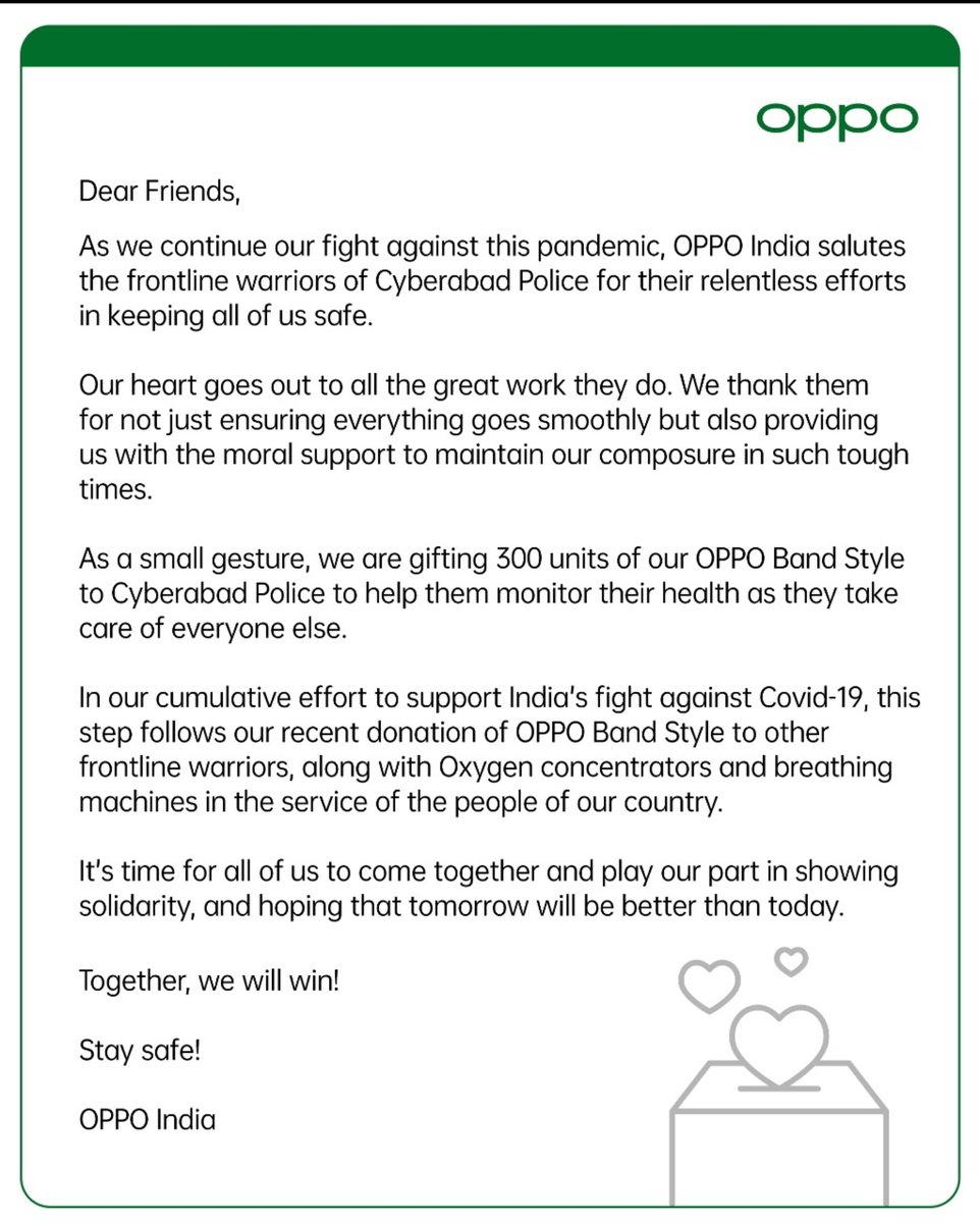 tasleemarifk's tweet photo. Extending our support to frontline warriors OPPO India donated #OPPOBand Style to @cyberabadpolice to support them keeping their health in check as they continue to protect us! @oppomobileindia salutes your diligence to your duty. #OPPOStands4India #StayStrongIndia https://t.co/NJjMjJfWIX
