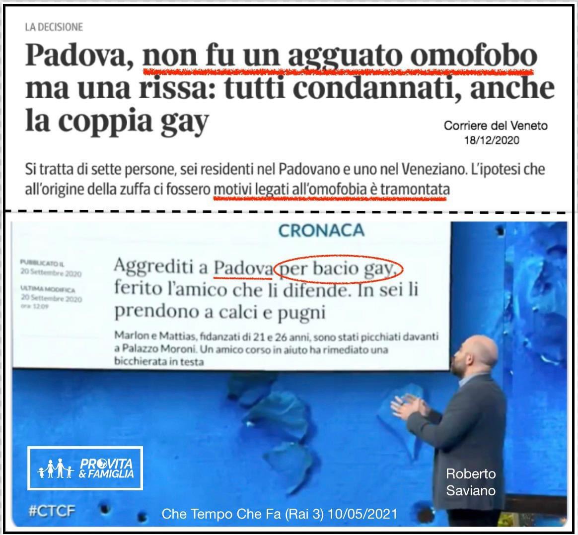Il nientologo @robertosaviano ha abusato di quello che dovrebbe essere un servizio pubblico per diffondere #FakeNews sull’#omofobia. A Padova, “non fu un agguato omofobo” e pure la coppia gay è stata condannata. @chetempochefa @RaiTre #DDLZan
