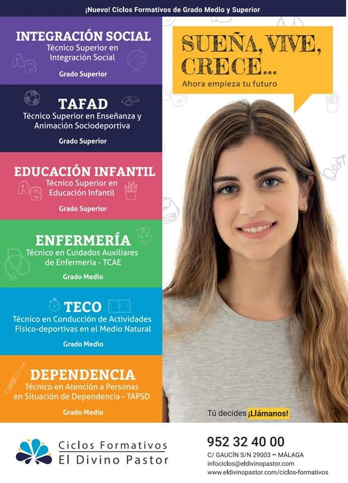 eldivinopastor's tweet photo. Ya podéis RESERVAR #PLAZA y #MATRICULAR en el CURSO 2020/2021🖋 de los #CICLOSFORMATIVOS EL DIVINO PASTOR 📚
Más información⬇️⬇️⬇️
https://t.co/sexdeuJ1x3 📱💻
infociclos@eldivinopastor.com 📩
952 32 40 00📞
¡SUEÑA, VIVE, CRECE... Ahora empieza tu futuro‼️ https://t.co/zZHzStN2yg