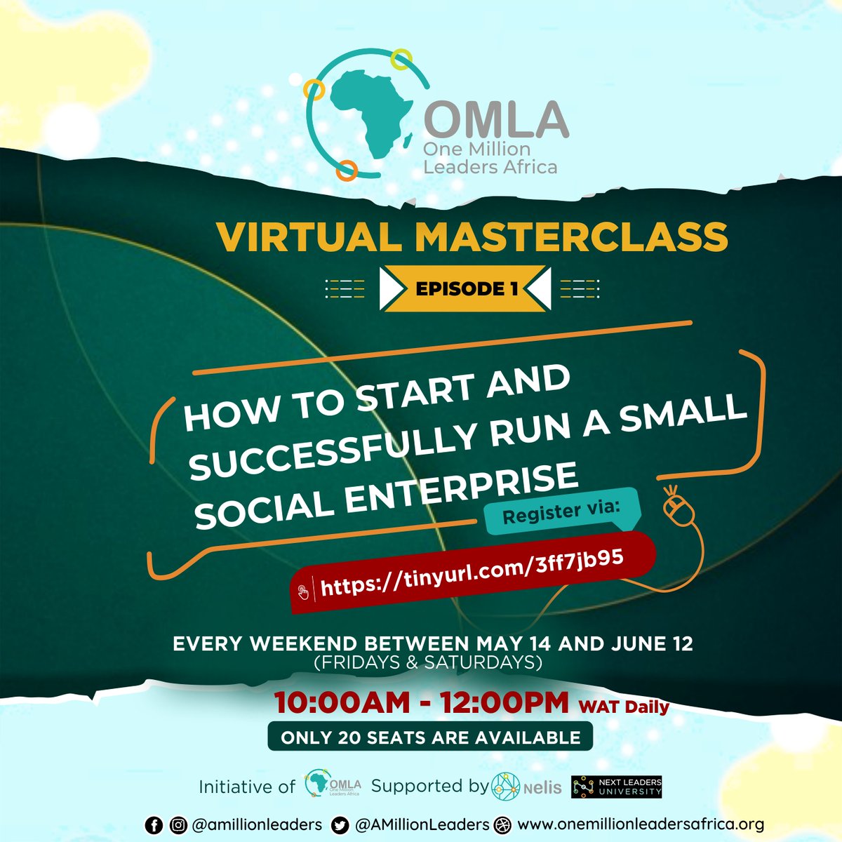 Information for passionate young African leaders!
Do you have interest in starting a small Social Enterprise? Sign up for the OMLA Master Class on 'HOW TO START AND SUCCESSFULLY RUN A SMALL SOCIAL ENTERPRISE'. To register, please use the link
lnkd.in/dwCWUQp