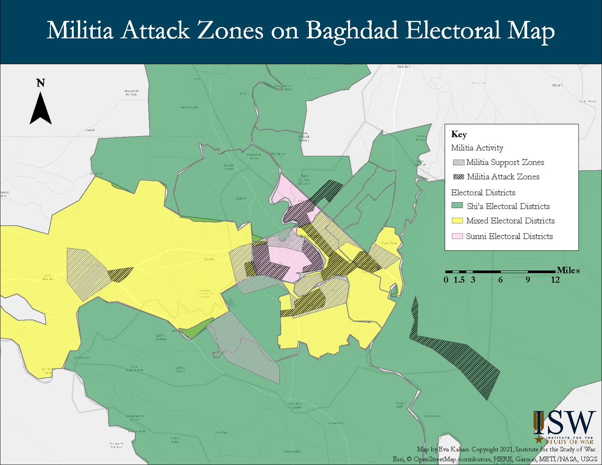 We argue that Iranian-backed militias are exerting control over populations and transit routes around  #Baghdad to eject US forces and set conditions to maintain long-term demographic control. Note the overlap between militia attack zones and Baghdad’s new electoral districts: