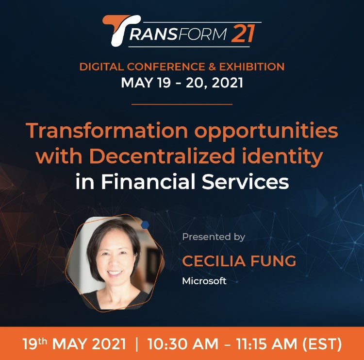 fungcecilia's tweet photo. I’ll be speaking at Transform21 on “Transformation Opportunities with Decentralized Identity “. Please register here and share in your network. I look forward to meeting with you.
Register now - https://t.co/lInz8lhtFt

#Transform21 
#FinancialServices
#Microsoft https://t.co/XSQBQ6wCLu