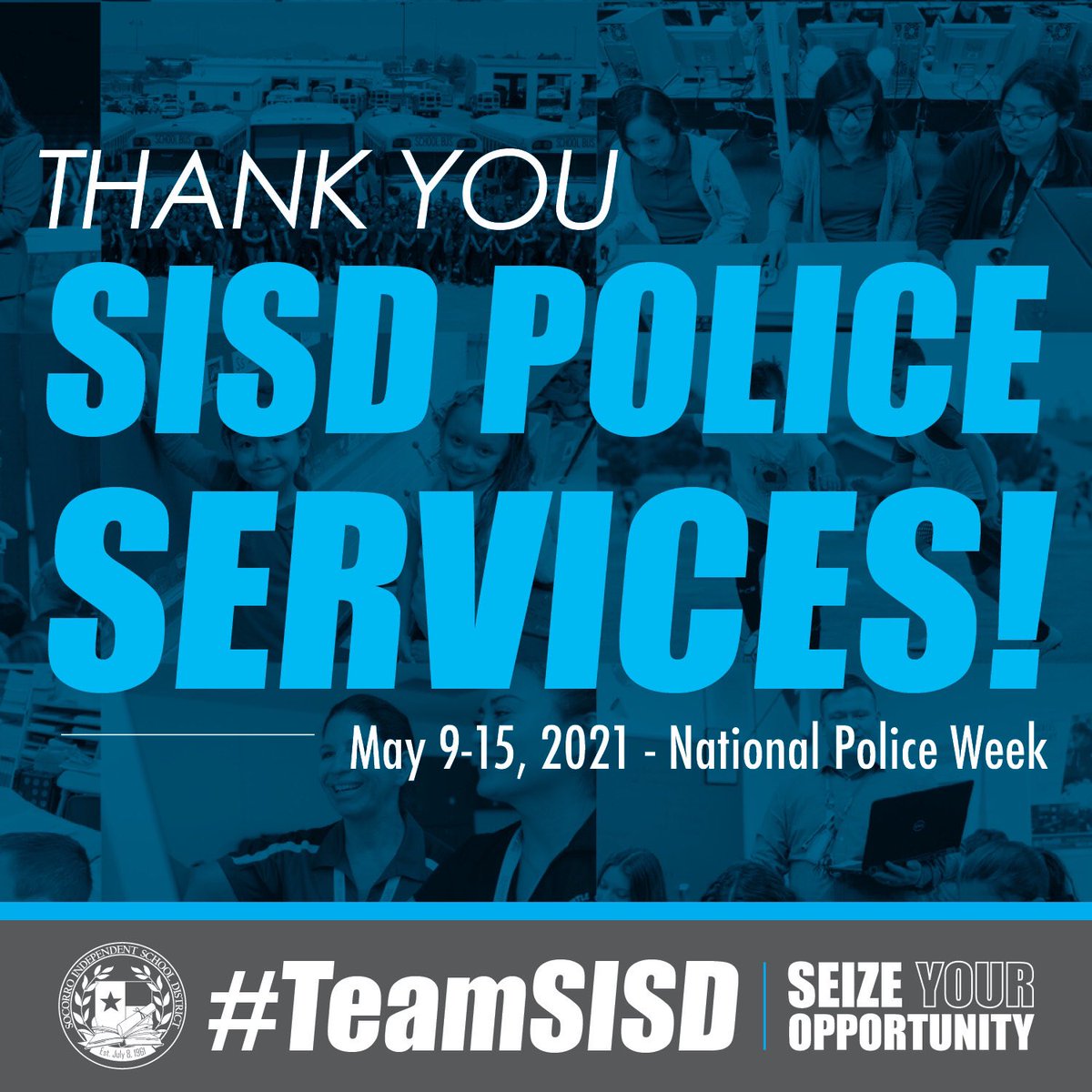 SocorroISD's tweet photo. A giant salute to #TeamSISD Police Services in honor of #NationalPoliceWeek! You protect our community 24/7 regardless of pandemic or any other risks to #KeepSISDSafe. Thank you for your constant hard work and commitment! 🚔 https://t.co/PaGFltgemz