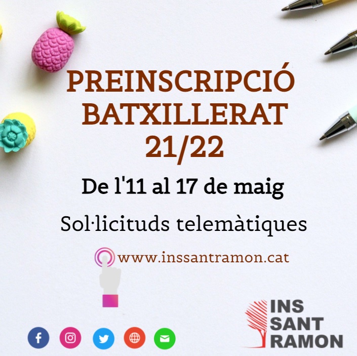 Demà dimarts 11 de maig s'inicia el període de preinscripció del batxillerat. Termini: 17 de maig. 
agora.xtec.cat/iessantramon/p…
Si voleu més informació del currículum i l'organització del batxillerat que oferim al nostre centre, podeu consultar-ho aquí: agora.xtec.cat/iessantramon/g…