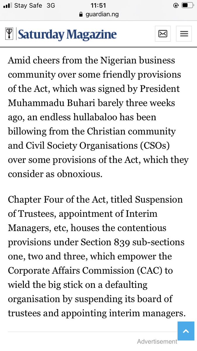 This may be brought about by the combin­ed effects of policies like those involving:– Nationalisation (government take-over) of Church welfare services: schools, hospitals, vocational centres.Remember when President Buhari signed CAMA Law? Screenshots of implications below: