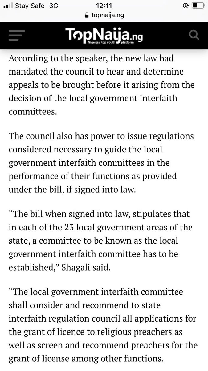 – Restriction of access to land & other property rights, to Churches & Church-related institutions.– Promulgation of restrictive rules to control worship ac­tivities.Remember when Nasir El-Rufai signed bill to regulate preaching in Kaduna? Screenshots below: