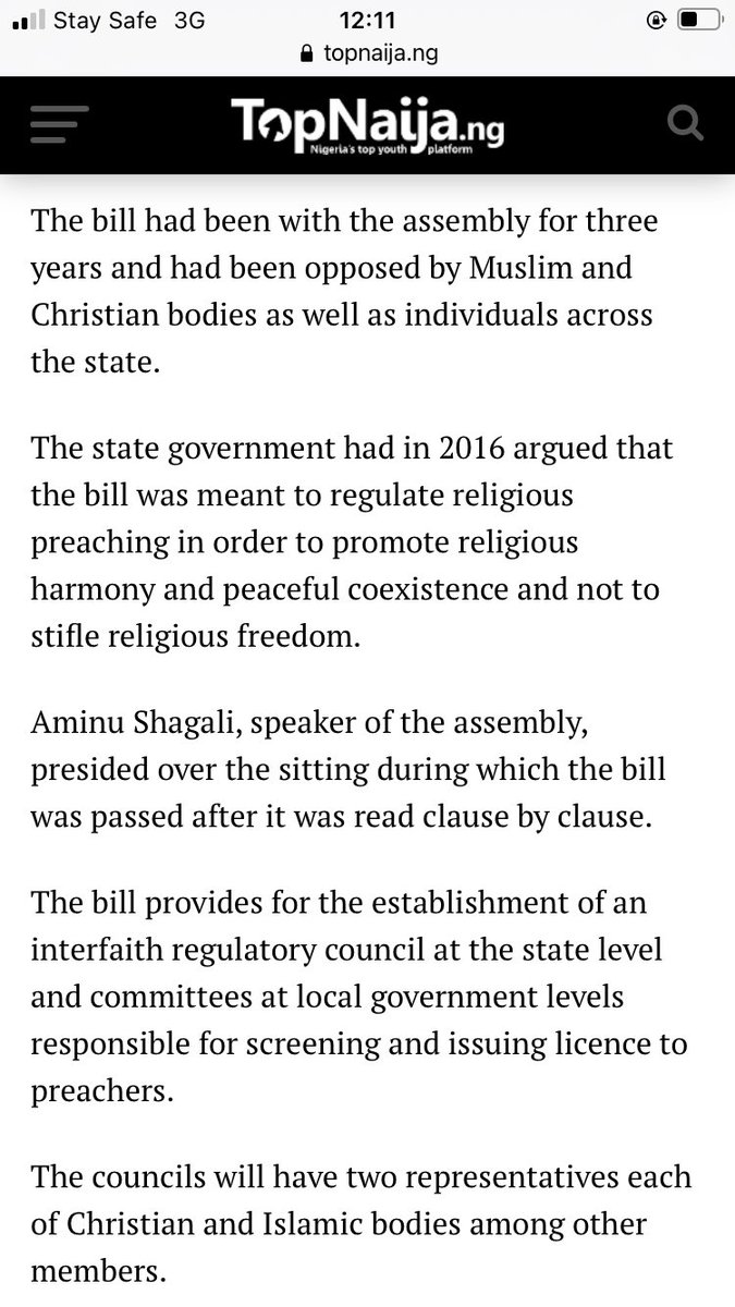 – Restriction of access to land & other property rights, to Churches & Church-related institutions.– Promulgation of restrictive rules to control worship ac­tivities.Remember when Nasir El-Rufai signed bill to regulate preaching in Kaduna? Screenshots below:
