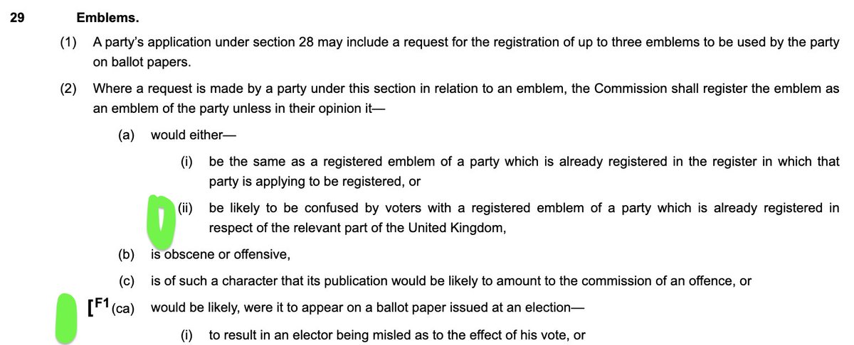 If any journalists want to know exactly which parts of the Political Parties, Elections and Referendums Act 2000 the  @ElectoralCommUK have broken, it's at the very least this part on emblems.  https://www.legislation.gov.uk/ukpga/2000/41/section/29  https://twitter.com/conor_matchett/status/1391110016342581248