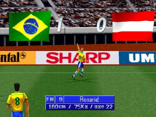 90s Football Ronarid Celebrates Scoring For Brazil On International Superstar Soccer 98 What A Game