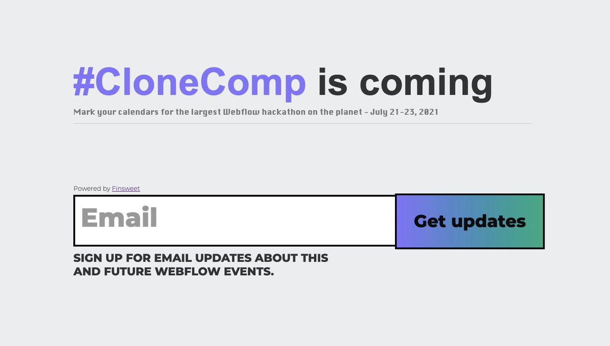 raymmar_'s tweet image. #CloneComp is coming
Last year we had 106 submissions from around the world
This year will be much bigger...
Prepare for the largest #Webflow hackathon on the planet
Save the dates: July 21-23 2021
Register for updates - clonecomp.webflow.io
Powered by @thatsfinsweet