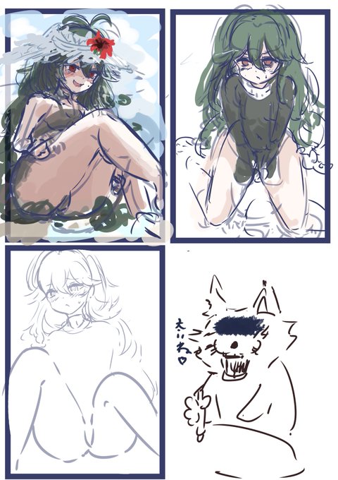 これは今回描いたトリチェリのサムネラフなのですが、改めて見るとこの段階で左上を描くことに対してテンションが上がっているのが良く分かって面白いですね。ちなみに右下はスペースが寂しかったので付け足したものです。 