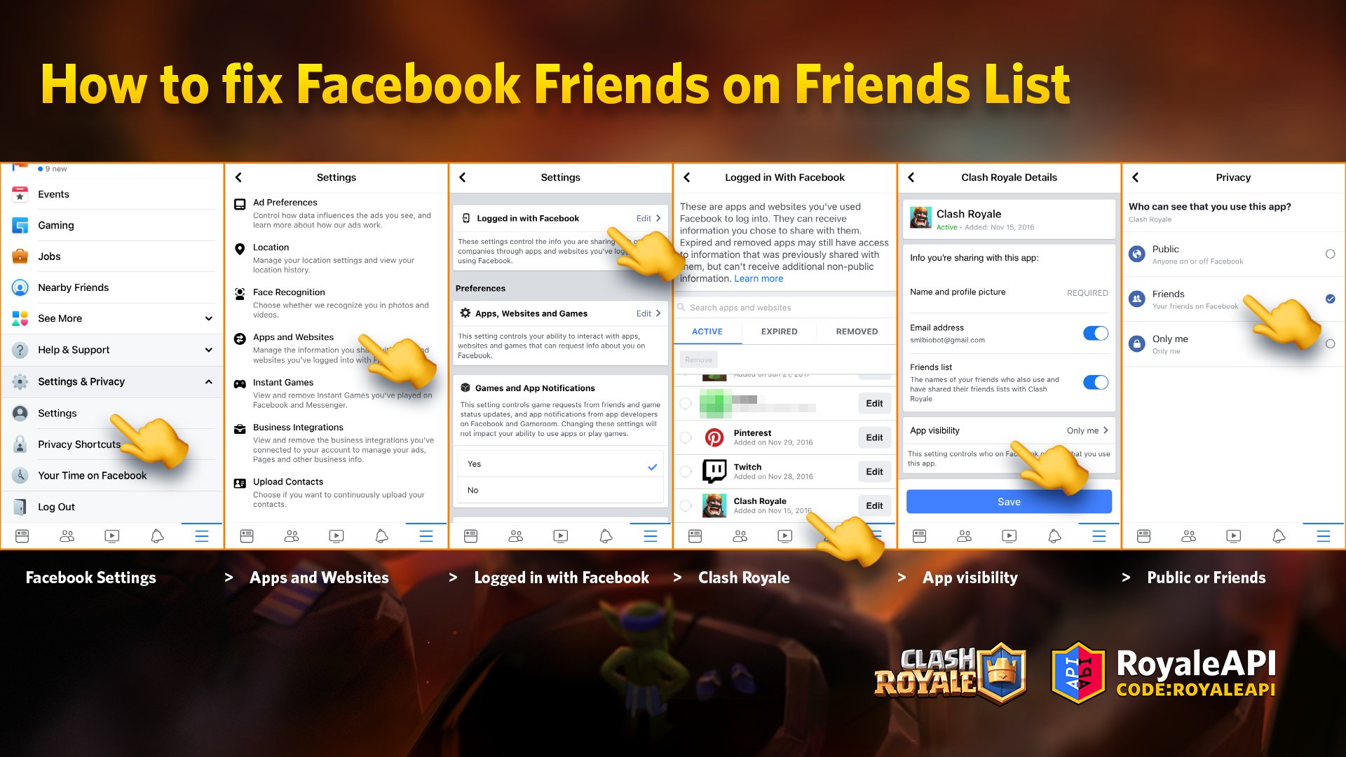 RoyaleAPI on X: Are your Facebook friends not showing up on your Clash  Royale Friends List? Here's how to fix that!    / X