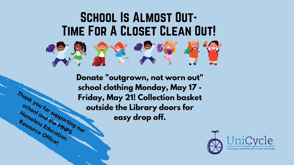 Please choose to donate! Even if we don't need clothing at WB there are many schools that can use anything your child has outgrown!
May 17-21; the collection basket will be at the library doors (Caruthers Ave). <a href="/WBESBulldogs/">Waverly Belmont Elementary</a>