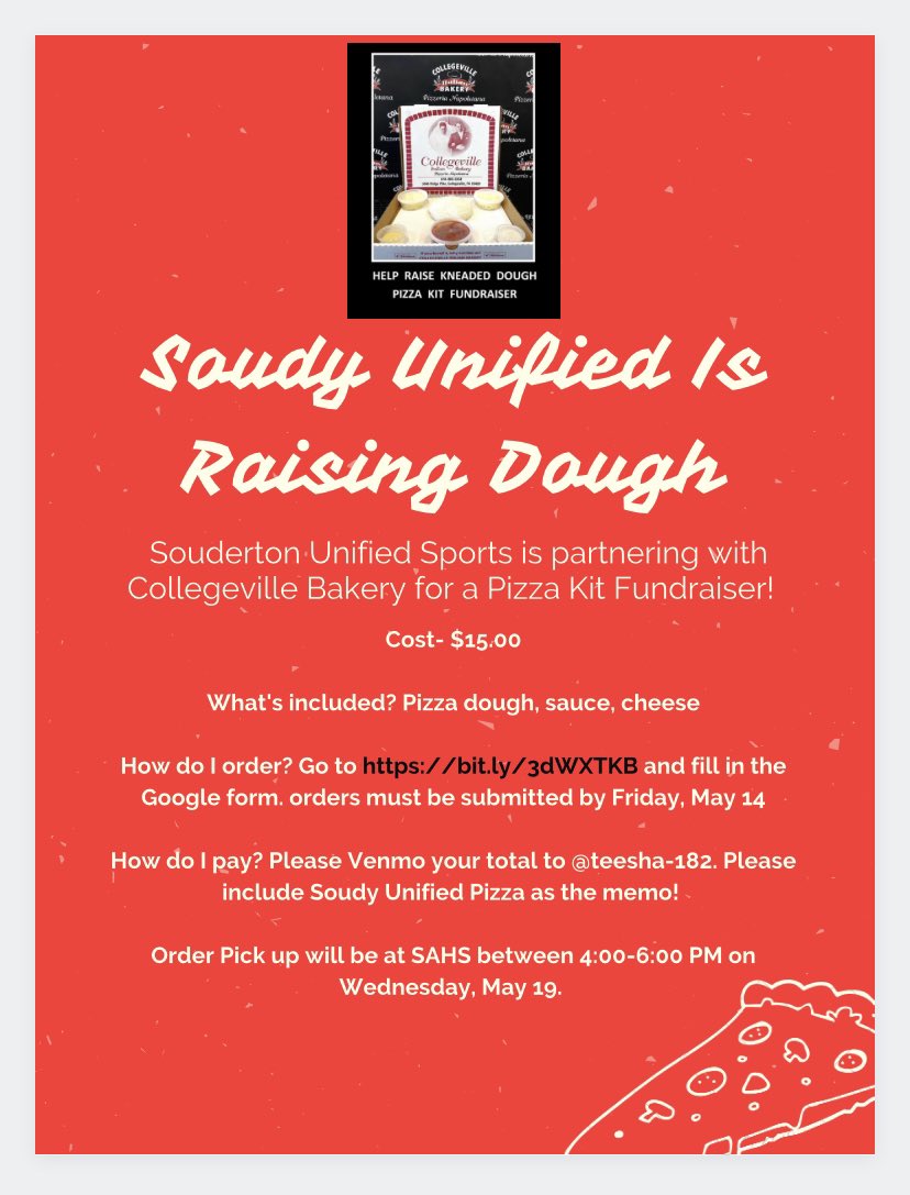 You still have 4 days to order pizza kits to support #SoudyUnified ! Email lclark@soudertonsd.org with questions! Place your order at this link- bit.ly/3dWXTKB