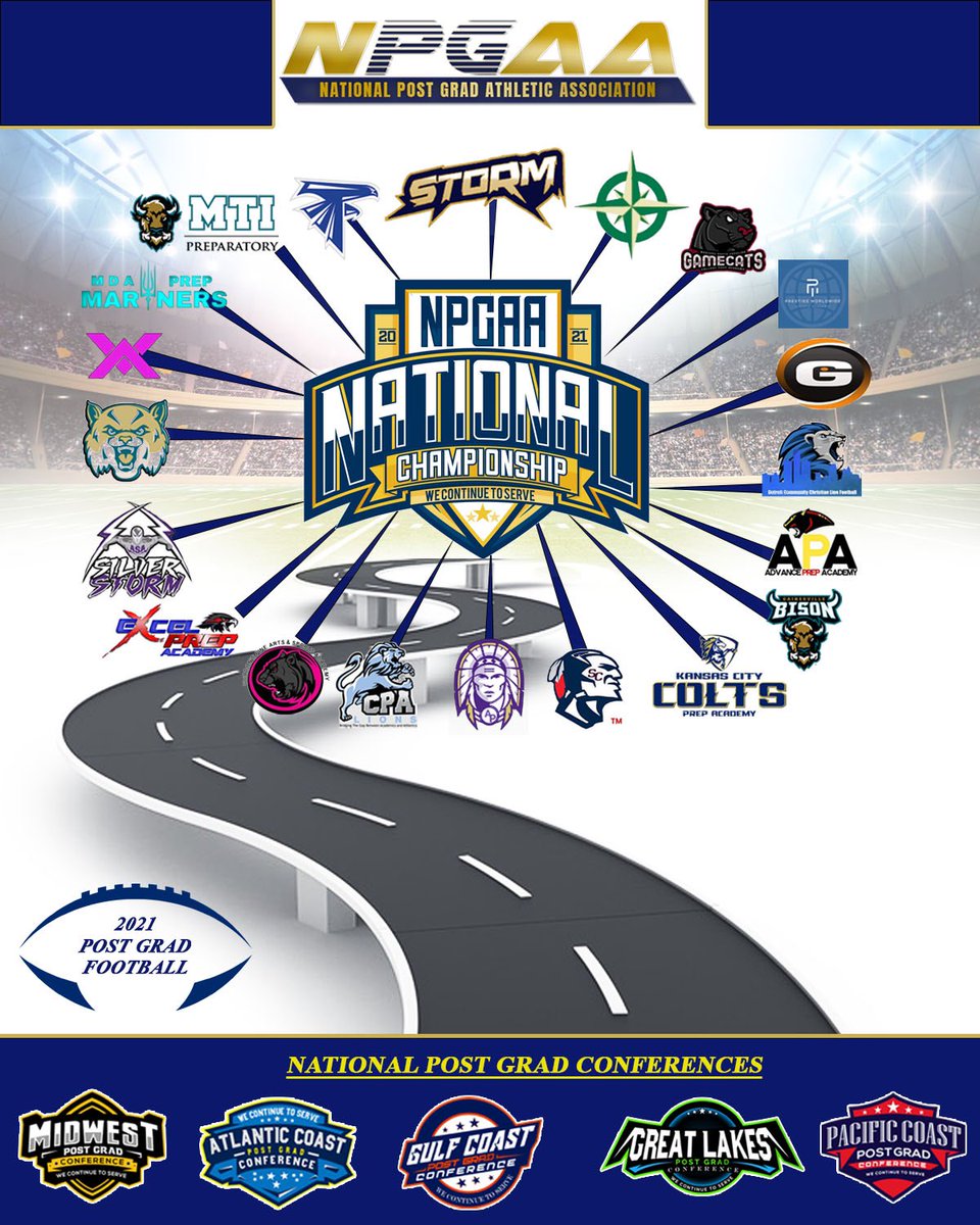 The NPGAA presents the road to the 2021 National Post Grad Football Championship. The excitement is in the air like never before as the field of 20 teams covering 5 different Post Grad conferences will look to compete &amp; provide exposure opportunities for student athletes enrolled