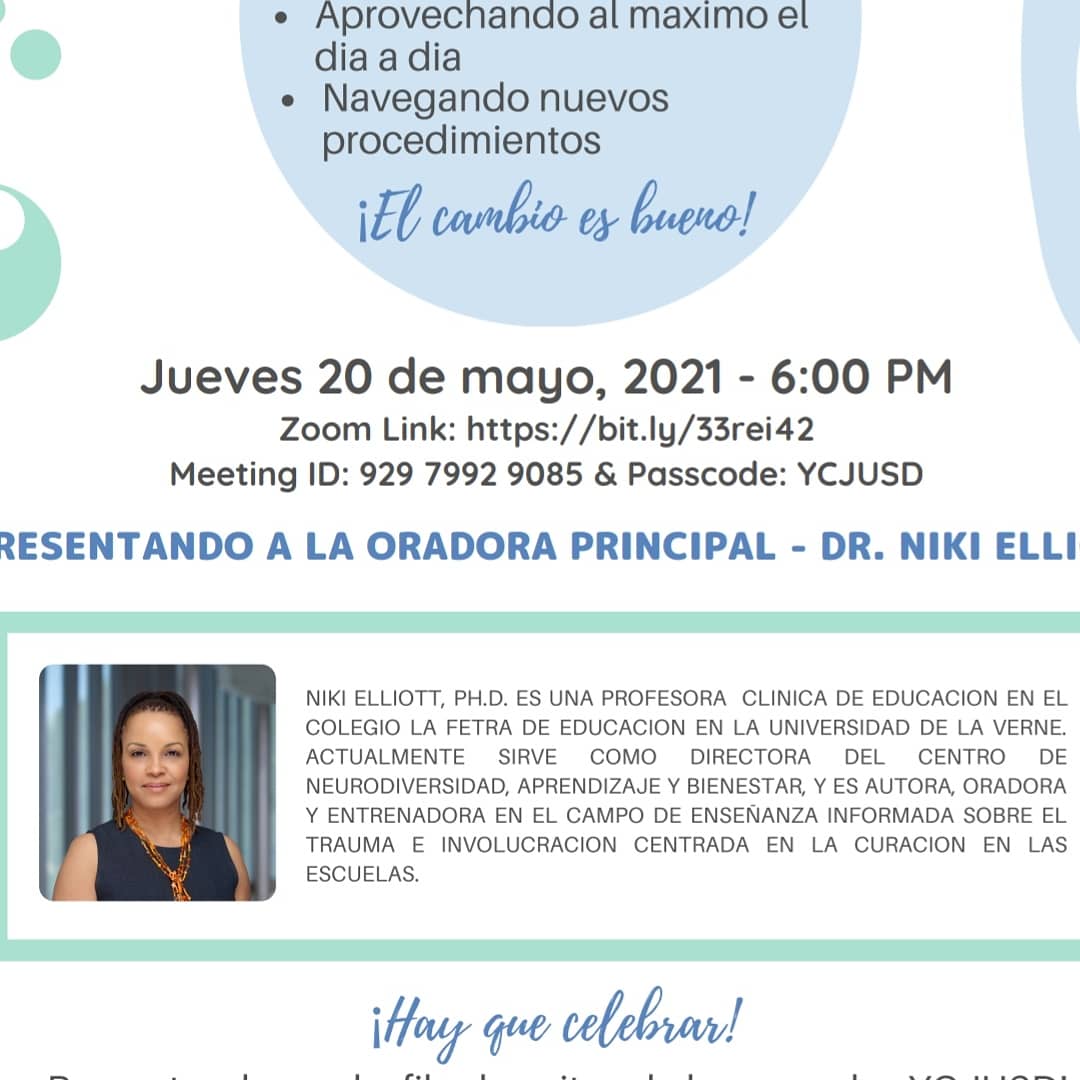 This parent workshop with Dr. Elliot focuses on the stress of having students at home, trying to work simultaneously, transitioning into in person learning, and self regulation strategies based on nuerobiological science.  Please join us virtually!