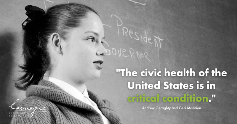ACarnegieFdn's tweet photo. The civic health of the U.S. is in critical condition. The leading cause of this decline? A near absence of civic learning in the K–12 ed system.
Our own Andrew Geraghty & @Gerimannion make the case for long-term investment in #CivicEducation. #CarnegieReporter #WeHaveIdeas
