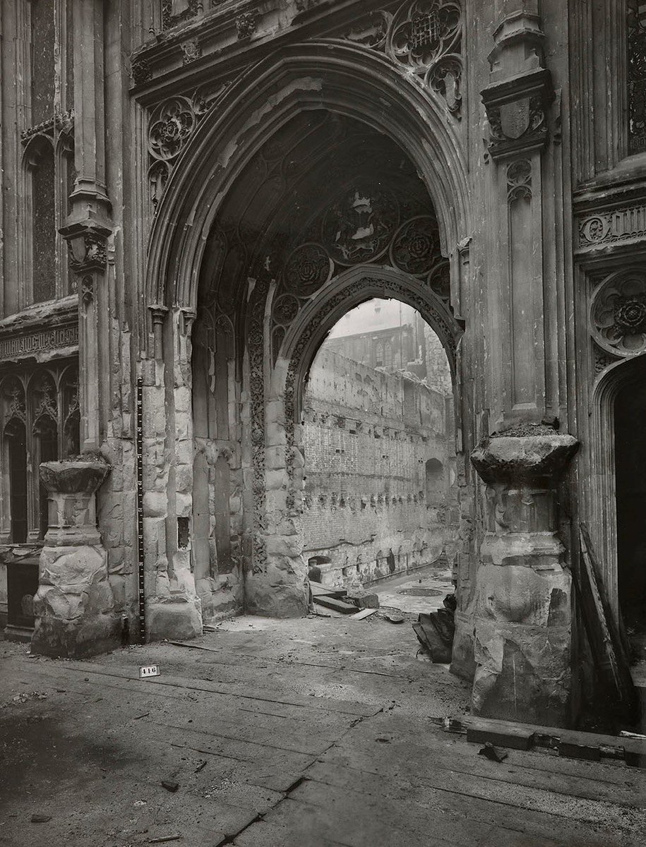 Churchill wept in the ruins the day after with his aide, Jock Colville. ‘We shape our buildings and afterwards our buildings shape us’ he later declared, and the ruined entrance arch into today’s Commons is named after him. Images:  @UKParlArchives /Parl Art Colln  #OTD  #Blitz80