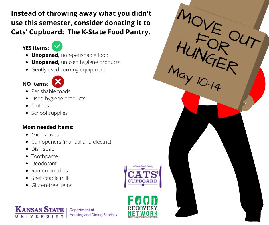 catscupboardksu's tweet photo. Cats' Cupboard, @FoodRecoveryKSU, and @KStateHDS have partnered to provide an opportunity for students to donate during move out week! Collection bins are placed in each Residence Hall lobby and will be emptied each morning by volunteers of Food Recovery Network. https://t.co/2FPVIsz6lJ