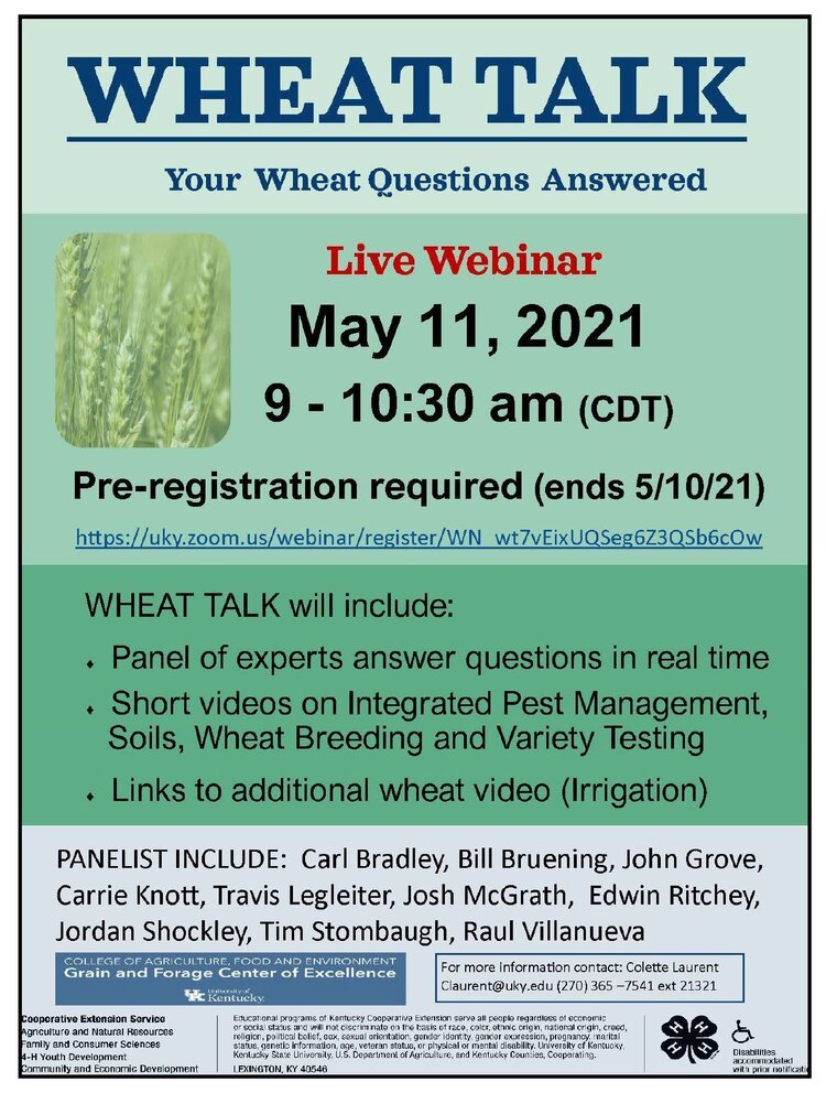 2021 Wheat Webinar Happening Tomorrow, May 11, 2021. Register here: uky.zoom.us/webinar/regist…