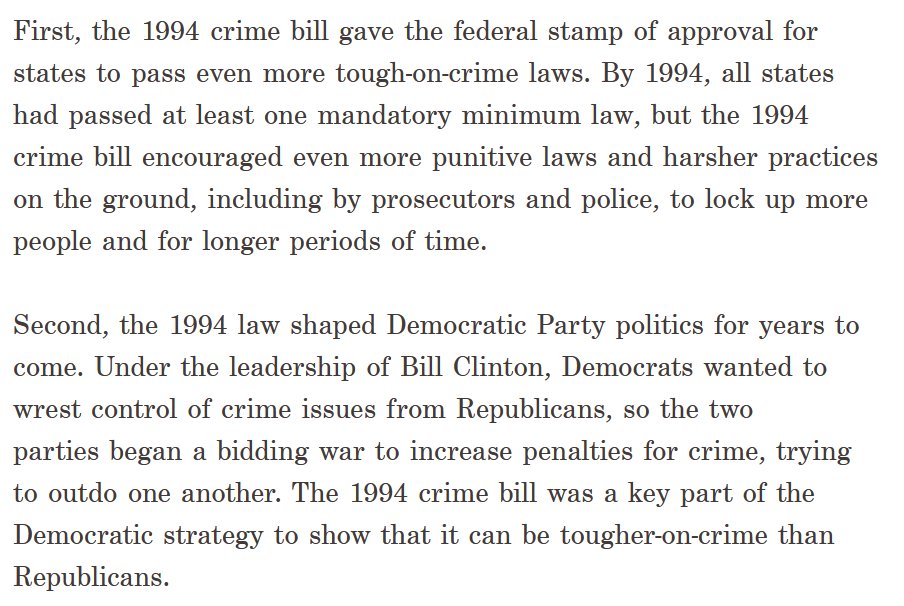 It also, as the ACLU argues, signaled that the Democratic party under Bill Clinton would compete with the GOP to be the most pro-conviction, pro-incarceration party.  https://www.aclu.org/blog/smart-justice/mass-incarceration/how-1994-crime-bill-fed-mass-incarceration-crisis