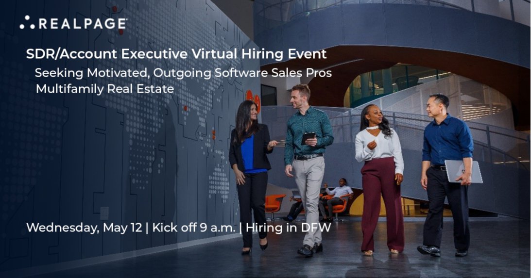 The RealPage Sales Team is looking for motivated, outgoing sales professionals to join our team. If you thrive in a fast-paced environment &amp; are looking to start a software sales career, apply for our virtual #hiring event: ow.ly/h1VK50EDBQp.  #PropertyManagement #Work4RP