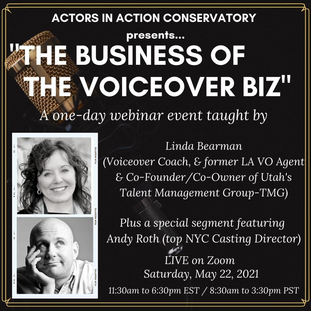 AIAConservatory's tweet photo. Last chance #VoiceArtists! Don't miss this tremendously rare opportunity! 
Join us for The Business Of The Voiceover Biz webinar event brought to you by @AIAConservatory! This one-day event features #Voiceover Coach Linda Bearman &amp; NYC #CastingDirector Andy Roth. https://t.co/WMg8gdqvVV
