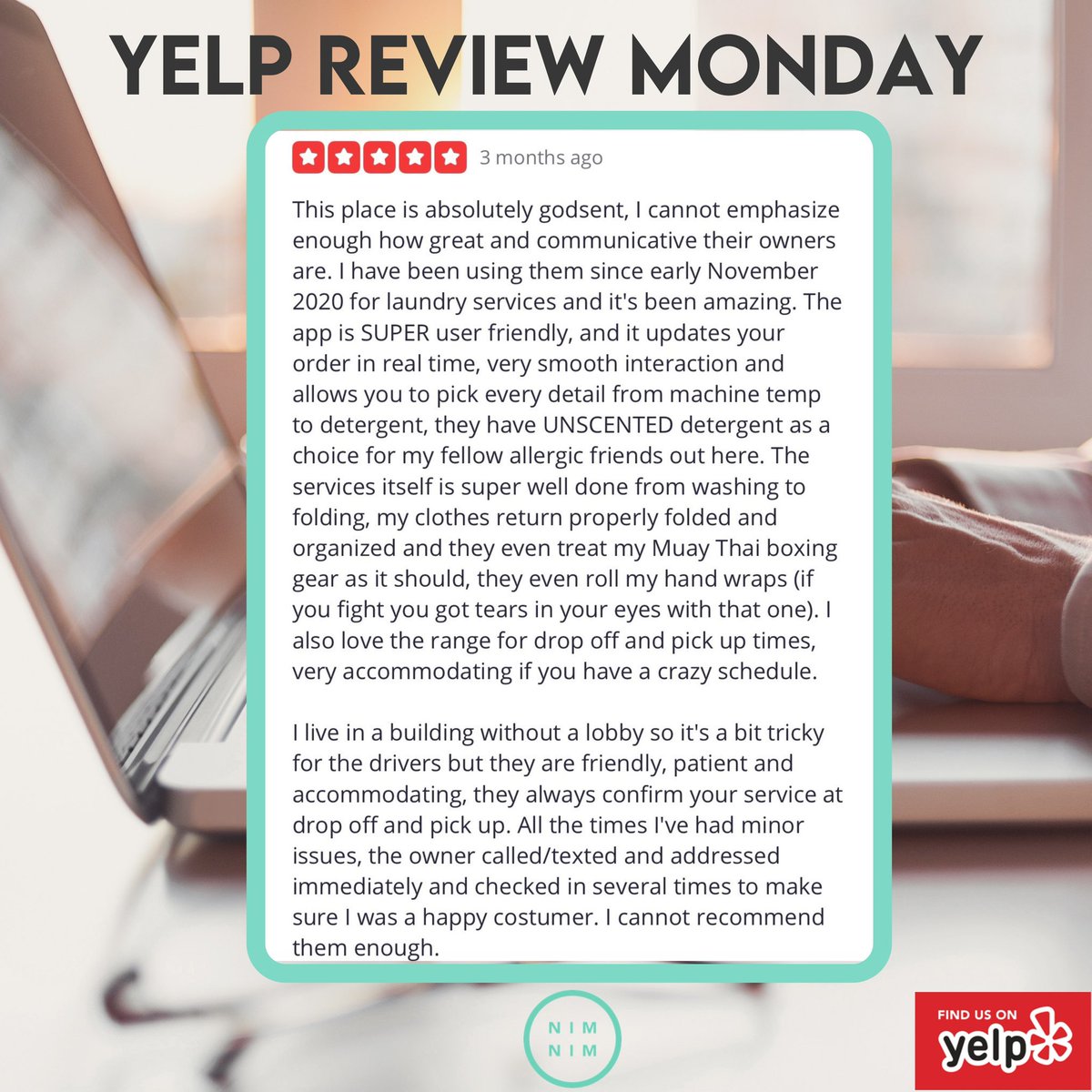 NimNimApp's tweet photo. This review made us so happy to read! We can’t thank you all enough for the love!🥳🤍

#laundryroom #yelpreview #yelpreviews #customerappreciation #bostonbusiness #miamibusiness https://t.co/9neaa9OKlw