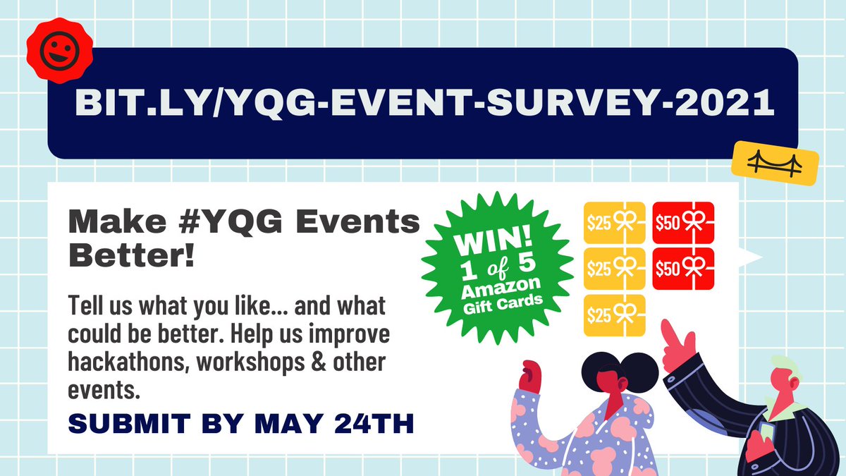 Help make future #YQG events better and WIN one of 5 Amazon gift cards by filling out our opinion survey!✨Your feedback means a ton to us, and we can't wait to hear from you.

Submit your responses by Mon, May 24th to be entered to win➡️bit.ly/yqg-event-surv…