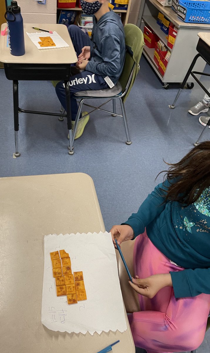 Miss_Kirch's tweet photo. Math was yummy today, we built rectilinear shapes and found their area and perimeter before we ate them!  They were all cheesing after some cheese-it’s 😁  🧀 #makingmathfun #DCSanchors https://t.co/CKcVytH23y