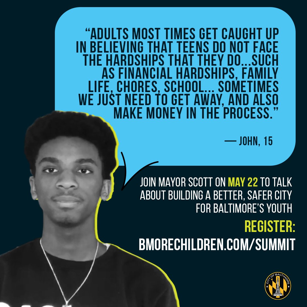 The mics will be open—share your voice! How can we make Baltimore a better, safer city? Calling #mybmore youth to join John on May 22 to let @mayorbmscott know. Register at bmorechildren.com/summit #bmoreyouthtalk #talkingtothemayor #gothedistancebbmore