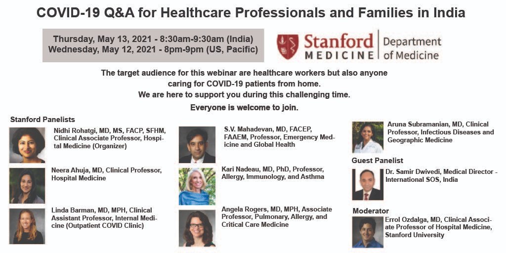 #stanford doctors answer your questions--> #COVID19 Q&amp;A for Healthcare Professionals and Families in #India - PLEASE SHARE! 
Register here: stanford.zoom.us/webinar/regist…
#IndiaFightsCOVID19 #IndiaFightsBack #CovidHelp #CovidVaccine #Unite2FightCorona