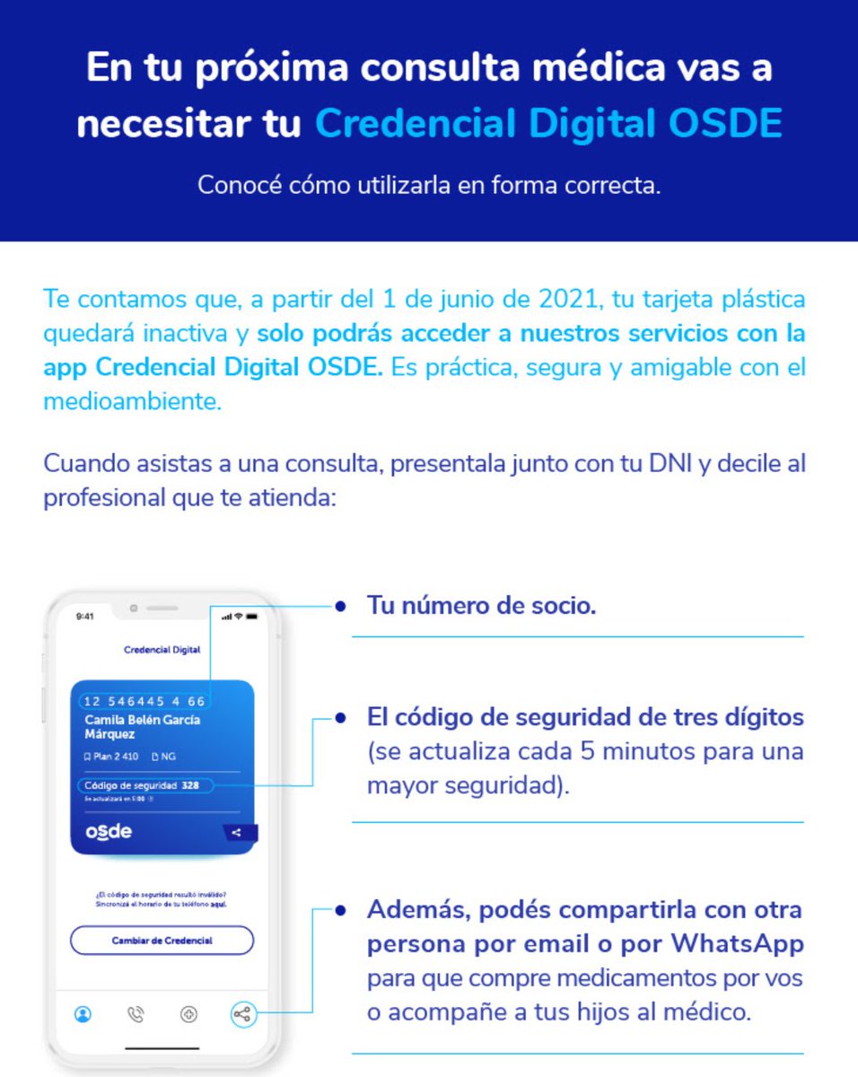 WikiTramites's tweet photo. Atención pacientes de #OSDE

A partir del 1 de Junio la tarjeta plástica queda inactiva y solamente aceptan credencial digital. 

La credencial digital es una app para celular que brinda un código de seguridad que se renueva cada 5 minutos.

+ info: https://t.co/D7YEktj5iu https://t.co/1yKo8JxzOy
