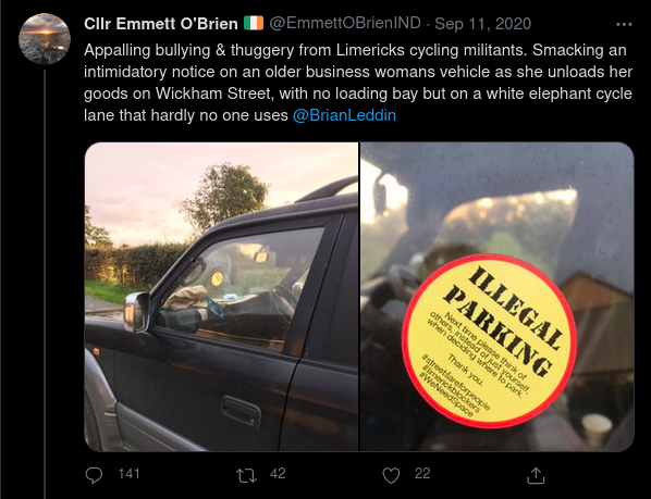 achtano's tweet photo. @FancyVegasPro He probably has not the time to learn all the flags, because he's busy fighting the 'Limericks cycling militants' and promoting illegal parking. Or handing out Shannon Airport to the US Air Force (https://t.co/ZAVYY5aVCK). That's a lot of stuff to do! https://t.co/9jfGtKzfuB